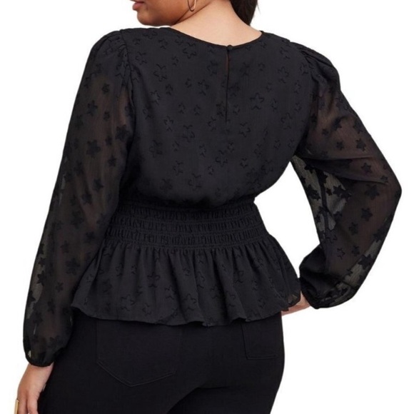 Torrid Sheer Stars Smocked Waist Crinkle Chiffon Sheer Puff Sleeve Black 2X - Picture 2 of 10